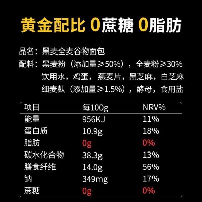黑麦全麦谷物面包懒人早餐代餐非无糖粗粮饱腹低脂热量速食品吐司图2